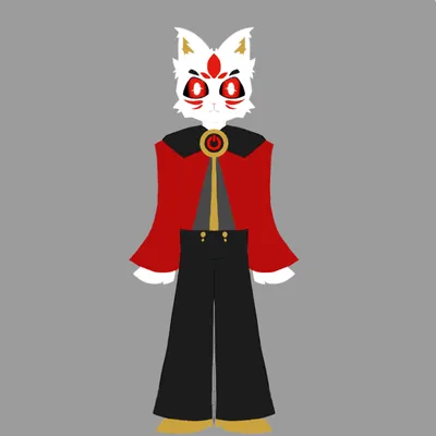 A digital character design: a white cat-masked figure in a red cape with a gold brooch