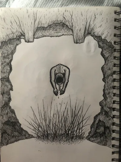 An ink drawing of a clawed creature emerging from a cave mouth above tall grass