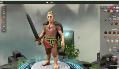 A fantasy character being customised in miniature design software, holding a sword