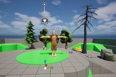 The same character loaded into a 3D game engine scene with lighting set up around it