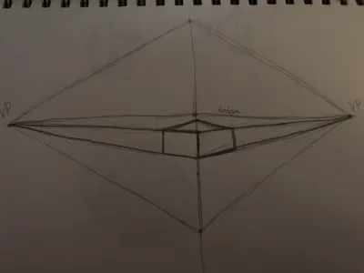 A pencil perspective construction drawing with two vanishing points and a labelled horizon line