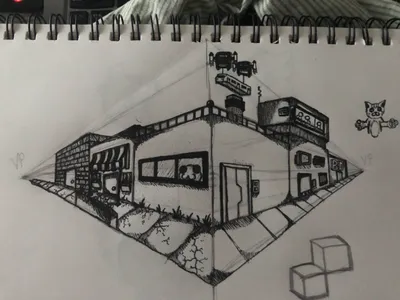 The finished inked drawing of a house with roof tiles, trees and cars
