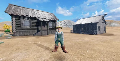The farm from the screenplay, built as a playable 3D environment with a farmhouse and barn