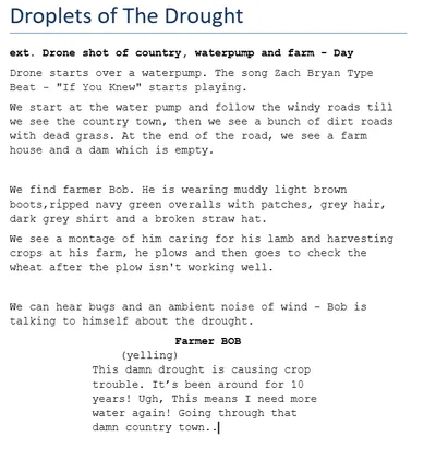 A page of a participant's screenplay, formatted with scene headings, action lines and dialogue